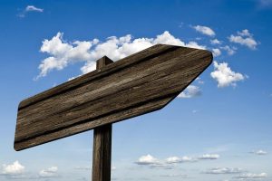 signpost, waypoint, nature, wood, grain, board, sign, direction, right, path, marking, arrow, heaven, clouds